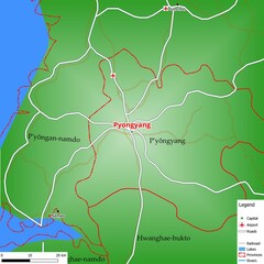 Map of the capital city Pyongyang with main streets, rivers, lakes, urban areas and names of counties near