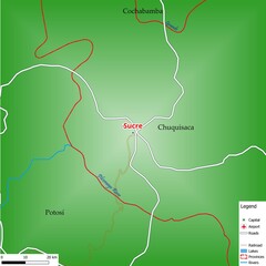 Map of the capital city Sucre with main streets, rivers, lakes, urban areas and names of counties near