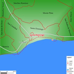 Naklejka premium Map of the capital city Santo Domingo with main streets, rivers, lakes, urban areas and names of counties near