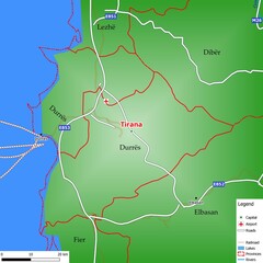 Map of the capital city Tirana with main streets, rivers, lakes, urban areas and names of counties near