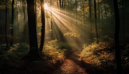 Mysterious forest path, illuminated by vibrant sunlight generated by AI