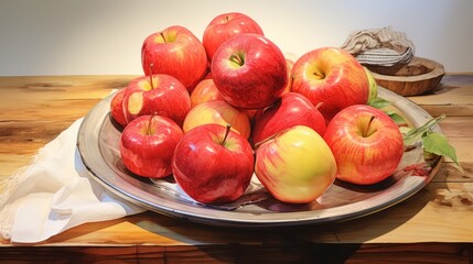 illustration of red yellow apples on a plate on white background. Fruit still life illustration. Ai generated.