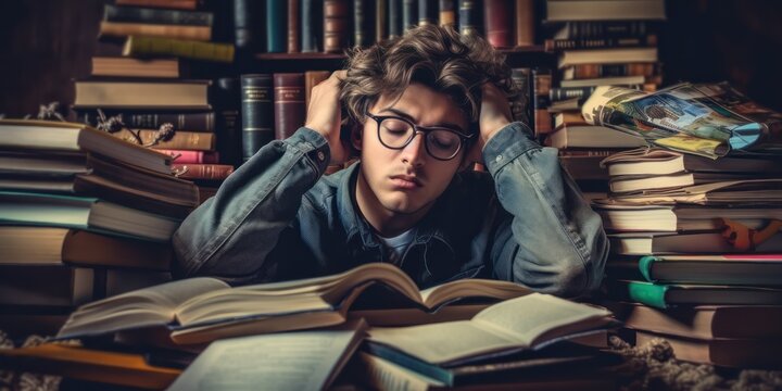 Generative AI. Student Sitting In The Library In Front Of The Pile Of Books. Tired Students At Exams. Back To School Concept. 