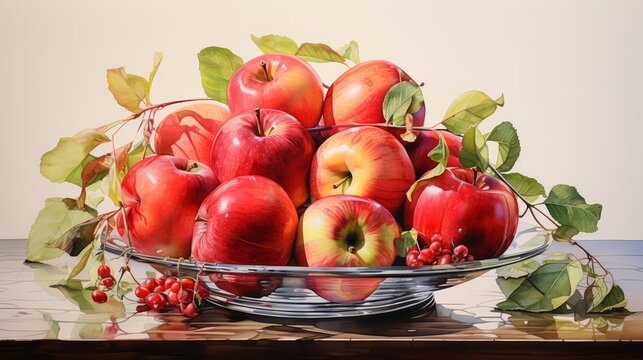 Red apples on a glass plate on white background. Fruit still life illustration. Ai generated.