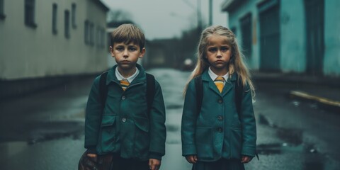 Generative AI. Back to school concept. Unhappy students boy and girl don't want to go to school.  