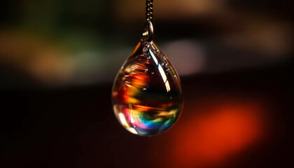 Golden raindrop on green leaf reflects nature beauty generated by AI