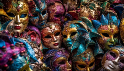 Ornate costumes in a row at Mardi Gras generated by AI