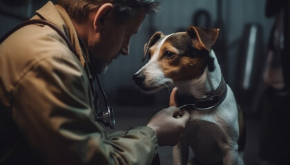 Caucasian vet examining cute purebred puppy indoors generated by AI