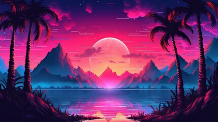  Retro futuristic sci-fi, 90s nostalgia. Purple Neon colors of night with stargazing sky, cyberpunk vintage illustration with palms. 