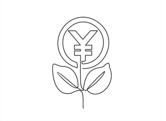 One Continuous line drawing of money tree plant with coin Chinese yuan. Growing coin tree symbol and finance investment increase concept in simple linear style. 