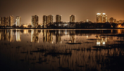 City skyline reflects in tranquil waterfront pond generated by AI