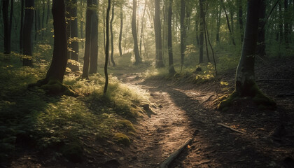 Mysterious forest path leads to enchanted sunset generated by AI