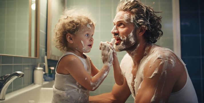 Man and child shaving together. Illustration AI Generative.
