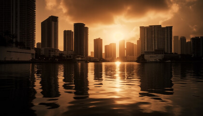 Obraz premium Sunset reflection on skyscraper, cityscape, and water generated by AI