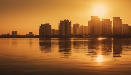 Obraz premium Silhouette skyline reflects in tranquil waterfront dusk generated by AI