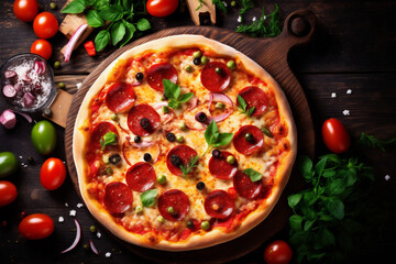 space background meal fast copy hot italian food pizza black food tomato cheese. Generative AI.