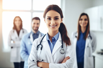 Medical doctor with stethoscope smiling with colleagues in the background. Generative ai.