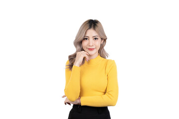 Asian happy portrait beautiful cute young woman standing her smile confidence with crossed arms...