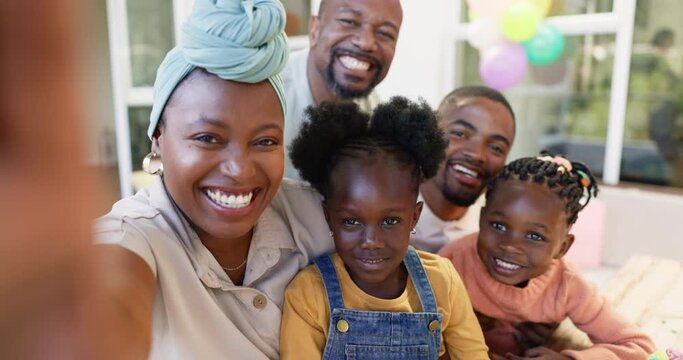 Black family, selfie and a smile of parents and children together for bonding, love and care. Face of an African woman, man and happy kids at home for a picture, quality time and bonding or fun