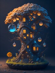 A hyper realistic fairy magical treehouse, portrait made with Generative AI.