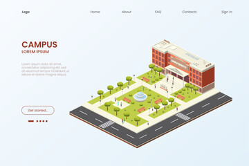Isometric university campus. Landing page. Students education. School yard. College studying. Building and asphalt road. Online course infographic. Vector illustration website template