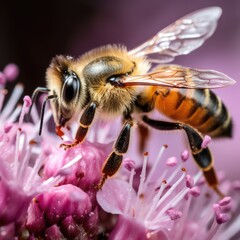 Macro of honey and bees flying and gathering pollen from summer flower. Generative Ai.