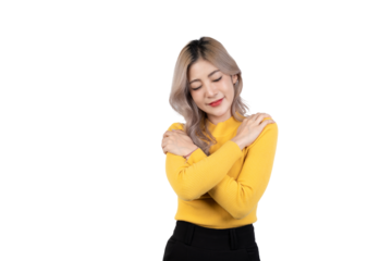 happy asian young woman hands hugging herself shoulders, enjoy yourself, self love and self care.