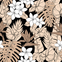 Tropical pattern with beige flowers on black - 618872947