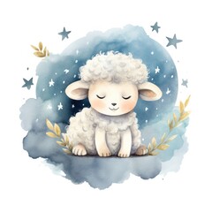 Cute watercolor baby good night sheep on moon Illustration AI Generative
