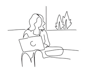 one line continuous line

Young women, female students using notebooks at work, sitting, working, business and studying.

illustration vector hand drawn