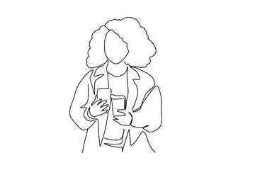 one line art character woman holding coffee drink during working time rest
  hand-drawn illustration vector