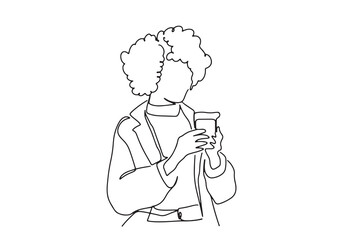 one line art character woman holding coffee drink during working time rest
  hand-drawn illustration vector