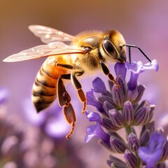  Bee on a flowering lavender is collecting pollen to make honey. Generative Ai.