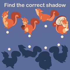 Find squirrels correct shadow. Preschool kids worksheet. Connect shade with cute mammal. Children study exercise. Nursery logic game. Animal poses. Vector educational puzzle design