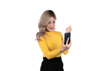 Portrait of a happy asian businesswoman using mobile phone isolated over white background.