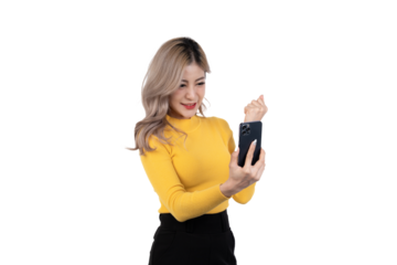 Portrait of a happy asian businesswoman using mobile phone isolated over white background.