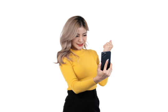 Portrait of a happy asian businesswoman using mobile phone isolated over white background.