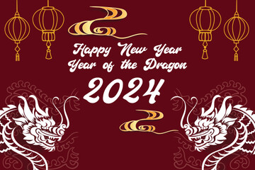 Fototapeta premium Chinese New Year 2024, the year of the Dragon, red and gold line art characters, simple hand-drawn Asian elements with craft (Chinese translation: Happy Chinese New Year 2024, year of the Dragon)