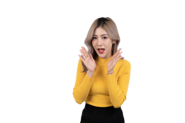 Young Asian woman doing a shocked surprise gesture shouting with hands cupped around mouth isolated white background.