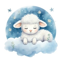 Cute watercolor baby good night sheep on moon Illustration AI Generative