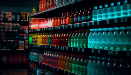 Multi colored wine bottles in a row on shelf generated by AI