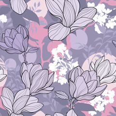 pattern with Magnolia flowers, lilac pastel colors
