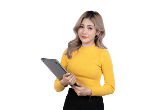 Portrait of a happy asian businesswoman working on laptop computer isolated over white background.