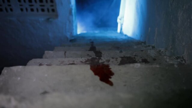 Cinematic creative shot of red blood on stairs with gothic dark lighting and smoke. HD footage 24 fps