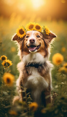 Cute and funny dog wearing a flower wreath on the head at solstice. Generative AI illustrations