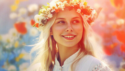 Beautiful girl with wildflowers in the midsummer sun celebrating solstice. Generative AI illustrations