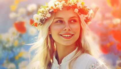 Fototapeta premium Beautiful girl with wildflowers in the midsummer sun celebrating solstice. Generative AI illustrations