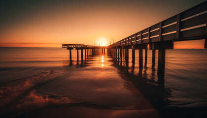 Fototapeta premium Sunset over tranquil coastline, water reflects beauty generated by AI
