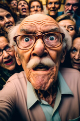 Portrait of an elderly man taking a selfie with a group of friends, image created with ai