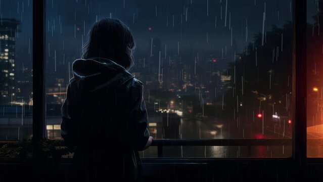Lo-fi girl alone on her balcony at night looking at the storm and the rain outside. Video for lofi hip hop music. Atmospheric chill illustration and relaxed. Perfectly looped video. Sad rainy night.